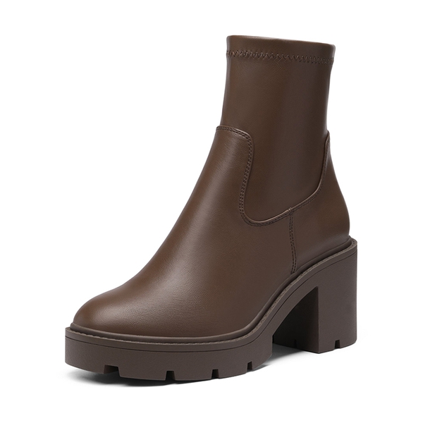Elastic Chunky Heel Lug Sole Booties - BROWN PU -  0